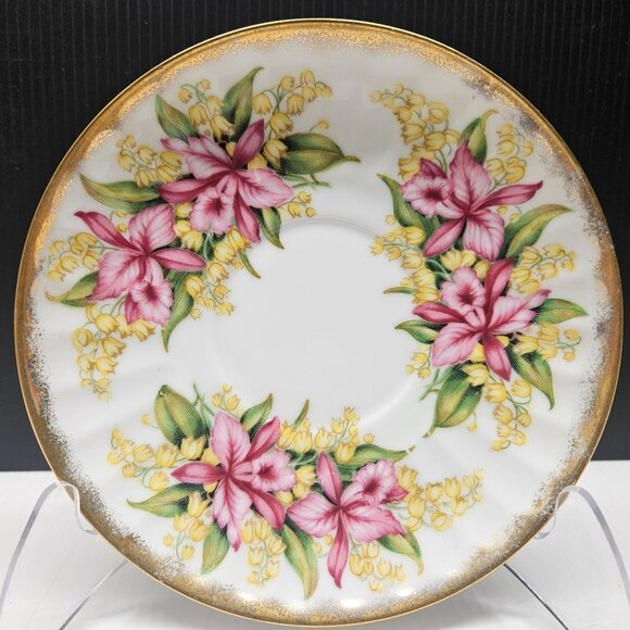 Shafford Bone China Pink Orchids Footed Teacup and Saucer With Gold Trim japan - Picture 6 of 8